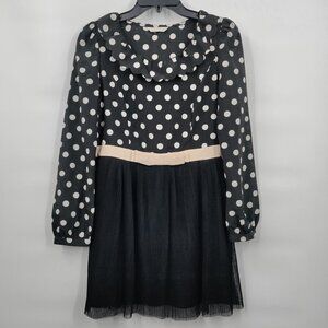 O.Vilian Vintage Polka Dots Long Sleeve Ruffle Tulle Mini Dress XS Women Black